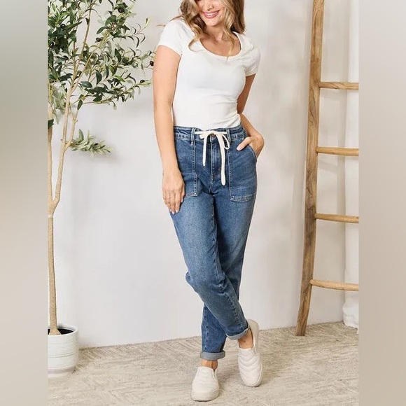 Judy Blue High Waist Drawstring Denim Jeans Zip Fly Belt Loops Pockets Size 25 - Picture 1 of 16